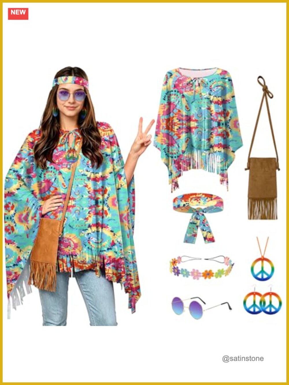 7 Pc Hippie Costume Set Poncho Fringe Bag Peace Necklace 60s 70s Retro